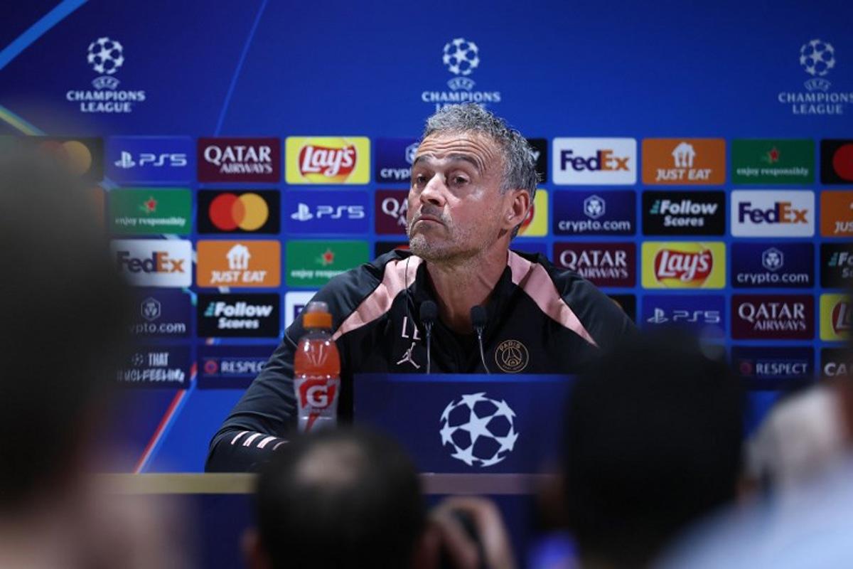 Paris Saint-Germain's Spanish headcoach Luis Enrique holds a press conference on the eve of Paris Saint-Germain's second leg semi-final UEFA Champions League match against Arsenal, at the club's training ground in Poissy, west of Paris, on May 6, 2025. FRANCK FIFE / AFP