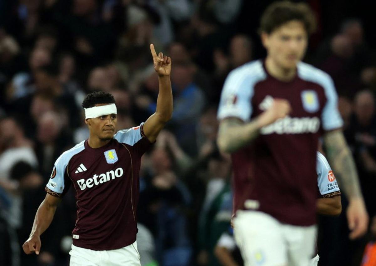 Aston Villa's English striker #11 Ollie Watkins celebrates scoring the opening goal during the UEFA Europa League, semi-final second-leg football match between Aston Villa and Nottingham Forest at Villa Park in Birmingham, central England on May 7, 2026. Darren Staples / AFP