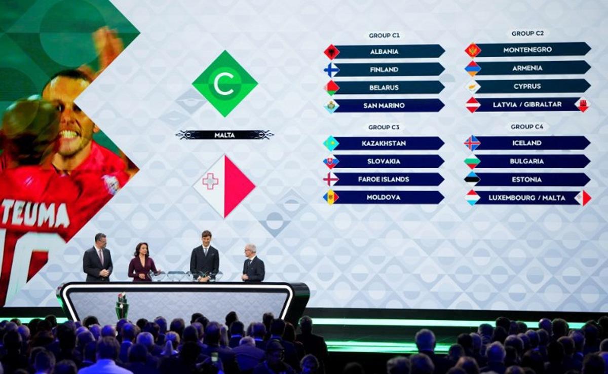 (From L) Hosts Pedro Pinto and Seema Jaswal, former Spanish international Fernando Llorente and UEFA deputy General Secretary Giogio Marchetti stand in front of the screan displaying the countries that will be part of the C groups of the 2026/27 UEFA Nations League league phase during the draw ceremony as part of the European football governing body's 50th annual Ordinary Congress in Brussels on February 12, 2026. Pau BARRENA / AFP