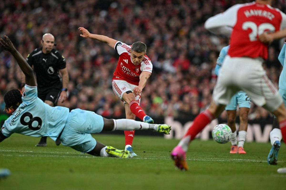 Arsenal's Belgian midfielder #19 Leandro Trossard shoots but fails to score during the English Premier League football match between Arsenal and Burnley at the Emirates Stadium in London on May 18, 2026. Glyn KIRK / AFP