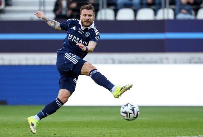 Paris FC's Italian forward #36 Ciro Immobile kicks to score his team's first goal during the French L1 football match between Paris FC and Le Havre AC at the Stade Jean-Bouin in Paris on March 22, 2026. FRANCK FIFE / AFP