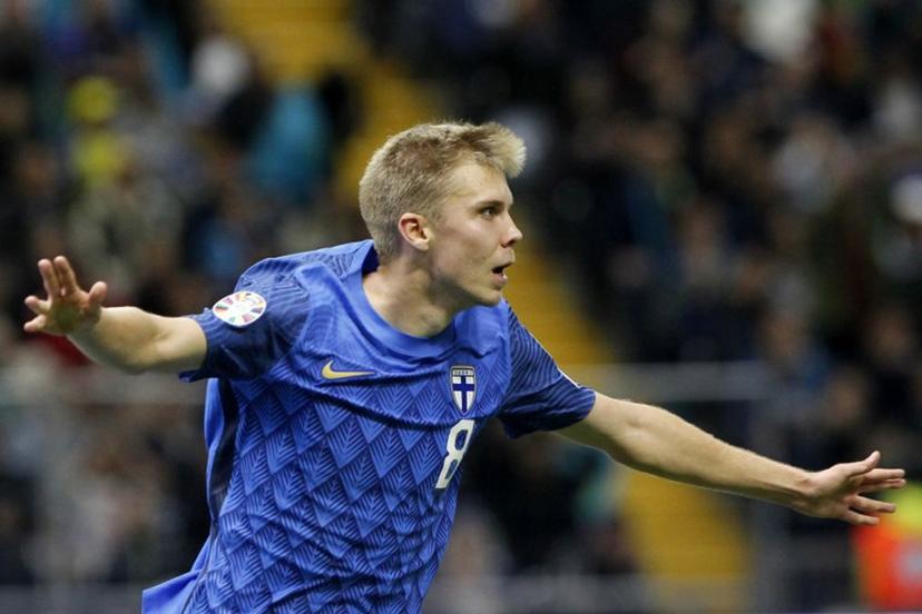 Finland's Oliver Antman celebrates scoring the opening goal during the UEFA Euro 2024 football tournament qualifying match between Kazakhstan and Finland in Astana on September 7, 2023. STRINGER / AFP