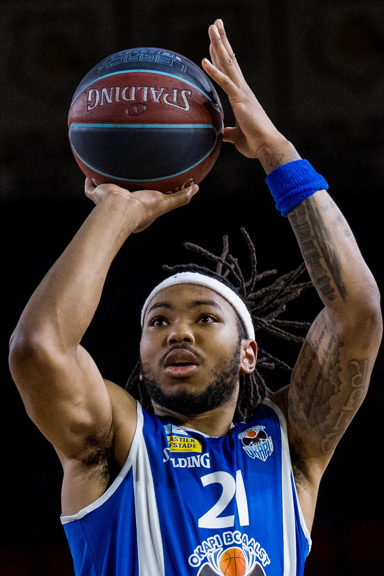 Aalst's Dante Maddox Jr. pictured in action during a basketball match between BC Oostende and Okapi Aalst, Friday 22 May 2026, in Oostende, on the first round (out of 5) of the Semi Finals Playoffs of the 'BNXT League' Belgian/ Dutch first division basket championship. BELGA PHOTO JASPER JACOBS