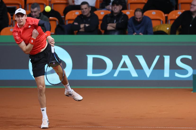 Belgian Joran Vliegen pictured in action duringa a doubles tennis match between Bulgarian Donski/Nesterov and Belgian Gille/Vliegen, match 3 of the qualifier of the Davis Cup on Sunday 08 February 2026, in Plovdiv, Bulgaria. Belgium will compete this weekend in the Davis Cup qualifiers against Bulgaria. BELGA PHOTO BENOIT DOPPAGNE