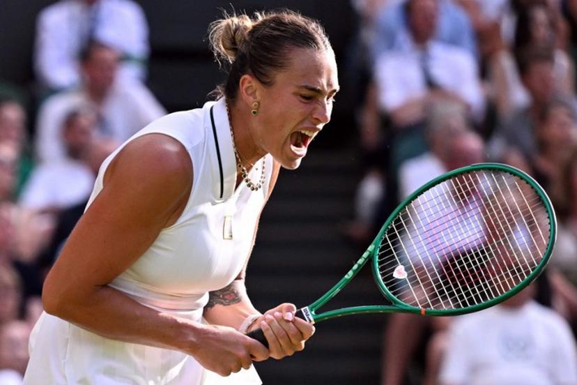 Belarus's Aryna Sabalenka reacts as she plays against Japan's Naomi Osaka during their women's singles round of 16 tennis match on the seventh day of the 2026 Wimbledon Championships at The All England Lawn Tennis and Croquet Club in Wimbledon, southwest London, on July 5, 2026. Kirill KUDRYAVTSEV / AFP