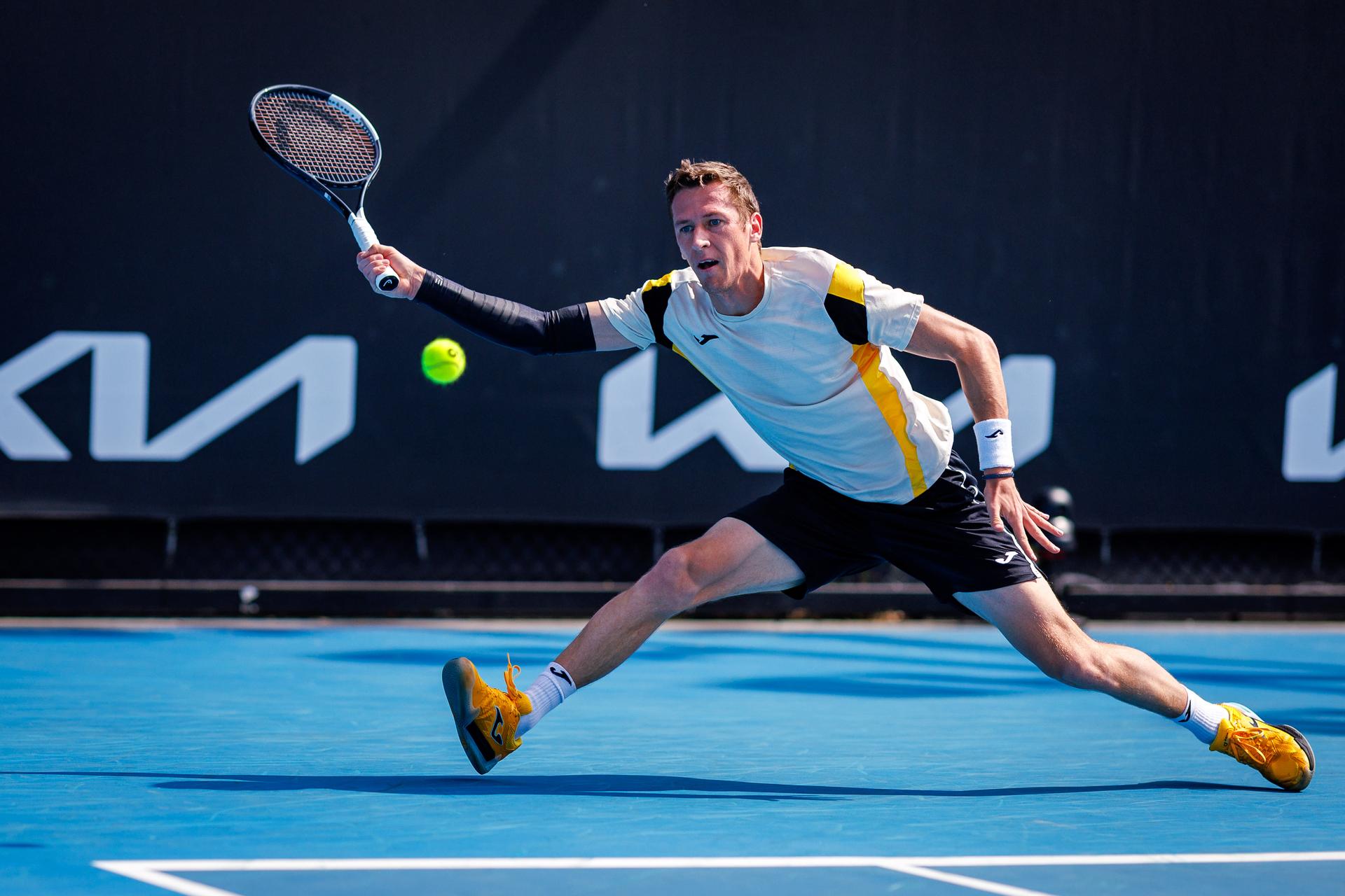 Belgium's Kimmer Coppejans pictured in action during a third round qualifying match in the men's singles against USA's Svajda at the Australian Open, Melbourne Park, Melbourne on Thursday 15 January 2026. BELGA PHOTO PATRICK HAMILTON --- BENELUX ONLY ---