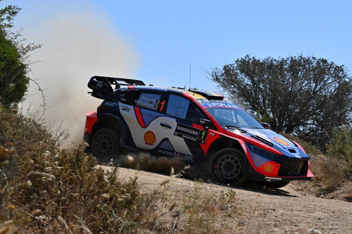 Belgium driver Thierry Neuville steers his Hyundai i20N Rally 1 assisted by his co-driver Martijn Wydaeghe, as they compete in the SS15 special between San Giacomo and Plebi during the 22nd edition of the Rally Italia Sardegna, 6th round of the FIA World Rally Championship (WRC), near Olbia, Sardinia, on June 8, 2025. Andreas SOLARO / AFP