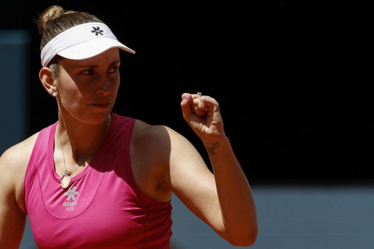 Belgium's Elise Mertens reacts after winning a game point to Czech Republic's Karolina Pliskova during their 2026 WTA Tour Madrid Open tennis tournament singles match at the Caja Magica in Madrid, on April 26, 2026. OSCAR DEL POZO / AFP