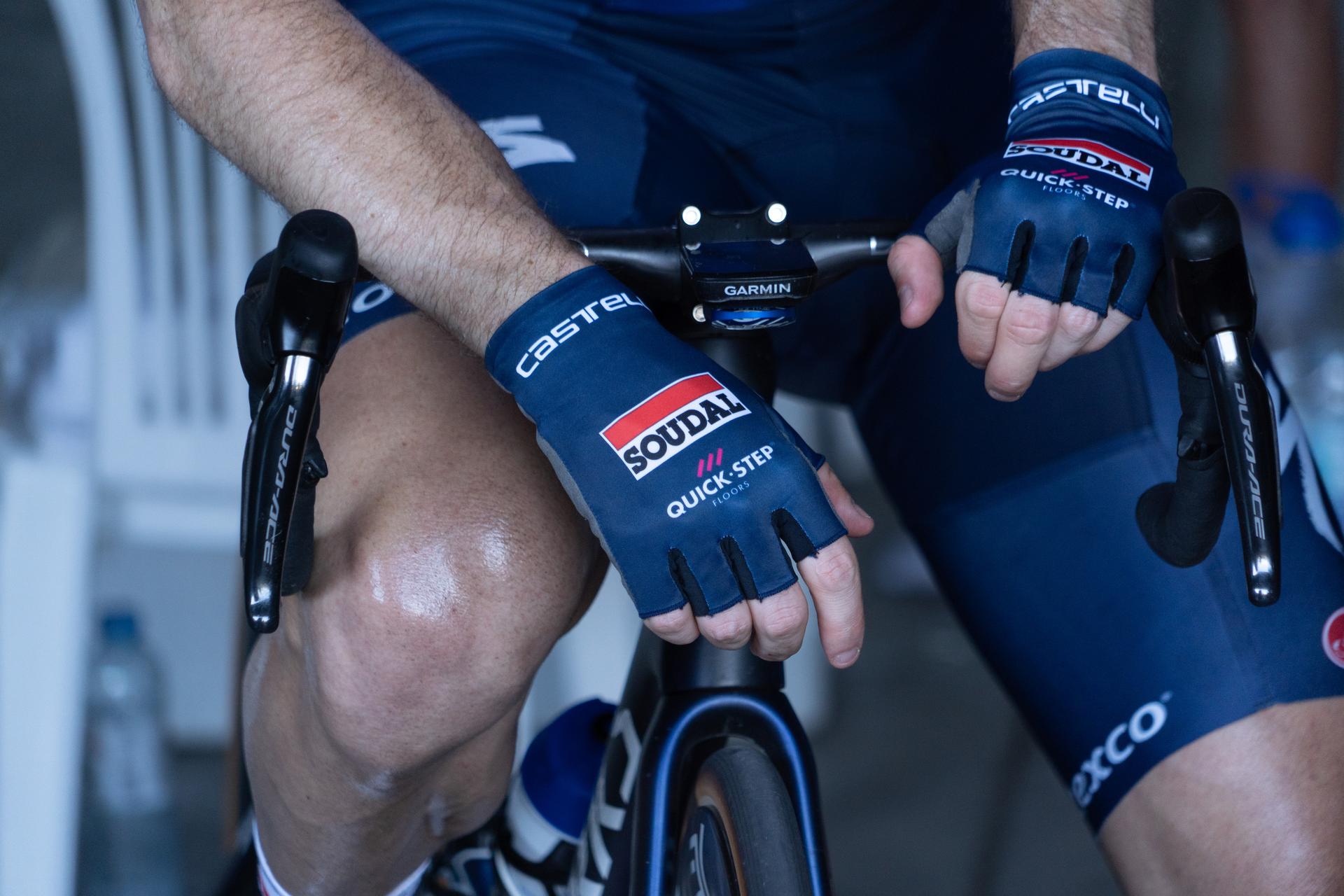 Illustration shows a close up on the gloves of a Soudal Quick-Step rider at stage 3 of the Vuelta a San Juan cycling tour, 170,9km km from and to the Circuito San Juan Villicum race track, Argentina, Tuesday 24 January 2023. BELGA PHOTO SEBASTIAN GIL MIRAN