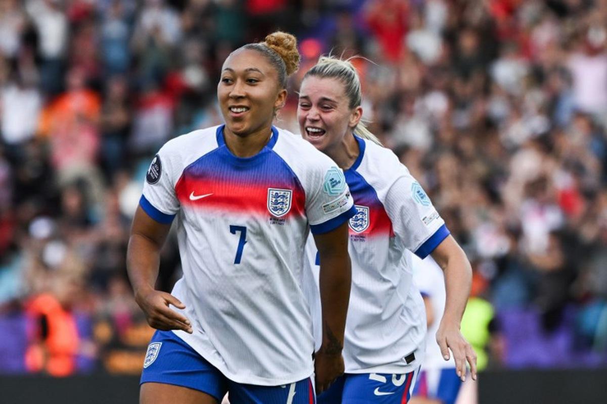 England's forward #07 Lauren James celebrates after scoring the first goal of the match with teamate England's forward #23 Alessia Russo during the UEFA Women's Euro 2025 Group D football match between England and The Netherlands at the Letzigrund Stadium in Zurich, on July 9 2025. Miguel MEDINA / AFP