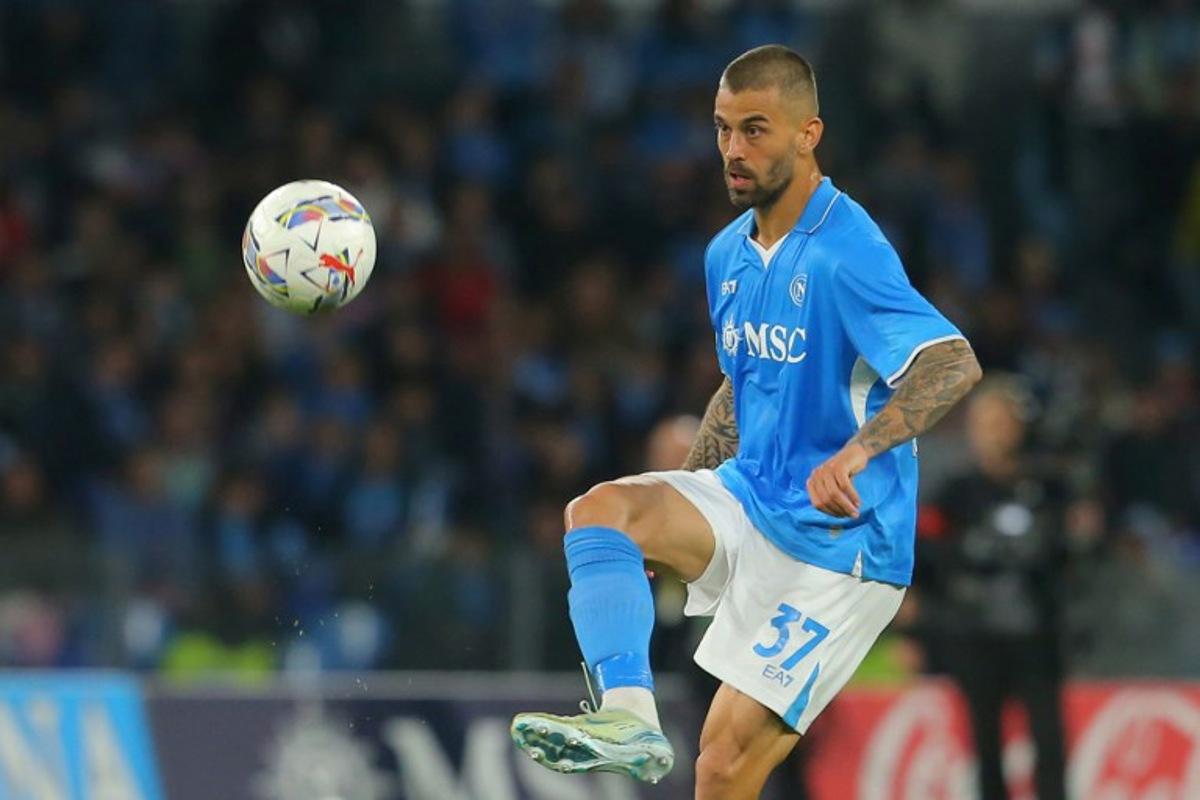 Napoli's Italian defender #37 Leonardo Spinazzola controls the ball during the Italian Serie A football match SSC Napoli against Torinoi FC at the Diego Armando Maradona Stadium, in Naples on April 27, 2025. CARLO HERMANN / AFP