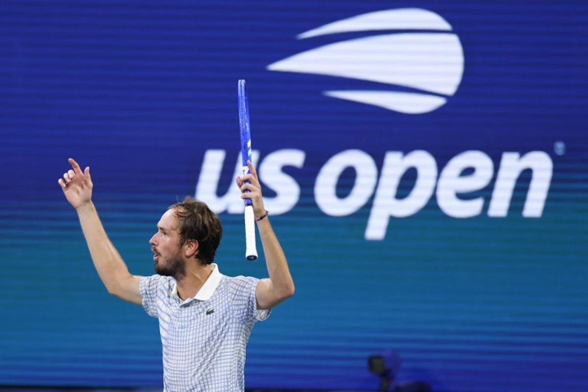 Russia's Daniil Medvedev gestures after winning the third set of his men's singles first round tennis match against France's Benjamin Bonzi on day one of the US Open tennis tournament at the USTA Billie Jean King National Tennis Center in New York City, on August 24, 2025. CHARLY TRIBALLEAU / AFP