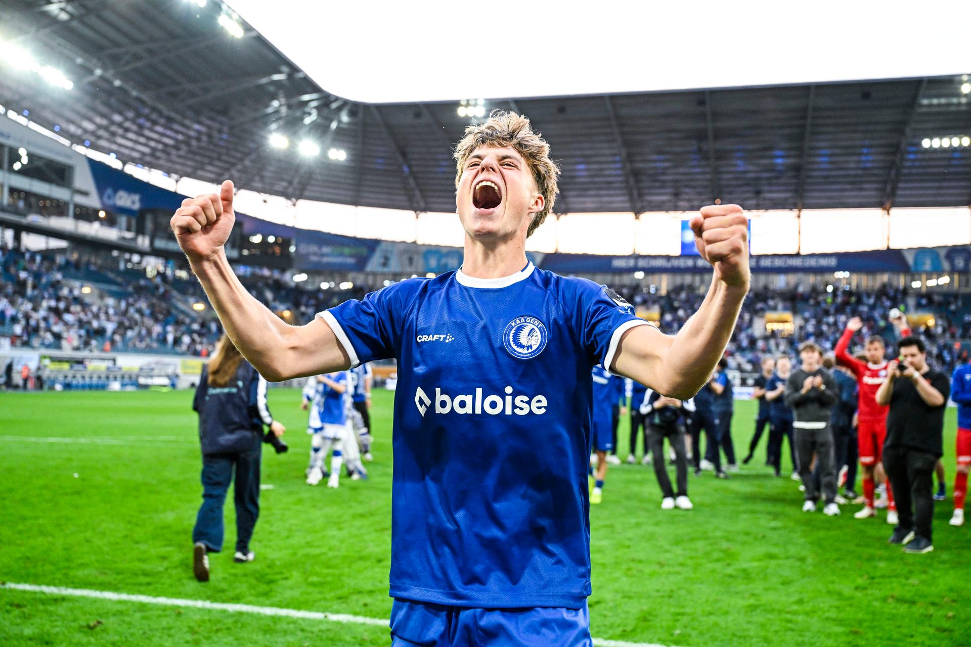 Gent's Tibe De Vlieger celebrates after winning a soccer match between KAA Gent and Racing Genk, Sunday 31 May 2026 in Gent, an European Play-off game of the 2025-2026 'Jupiler Pro League' first division of the Belgian championship. BELGA PHOTO TOM GOYVAERTS