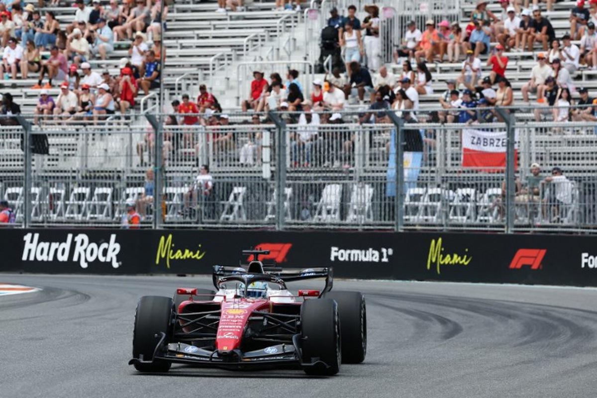 Ferrari's Monegasque driver Charles Leclerc races during a practice session for the 2026 Miami Formula One Grand Prix at Miami International Autodrome in Miami Gardens, Florida, on May 1, 2026. CHARLY TRIBALLEAU / AFP