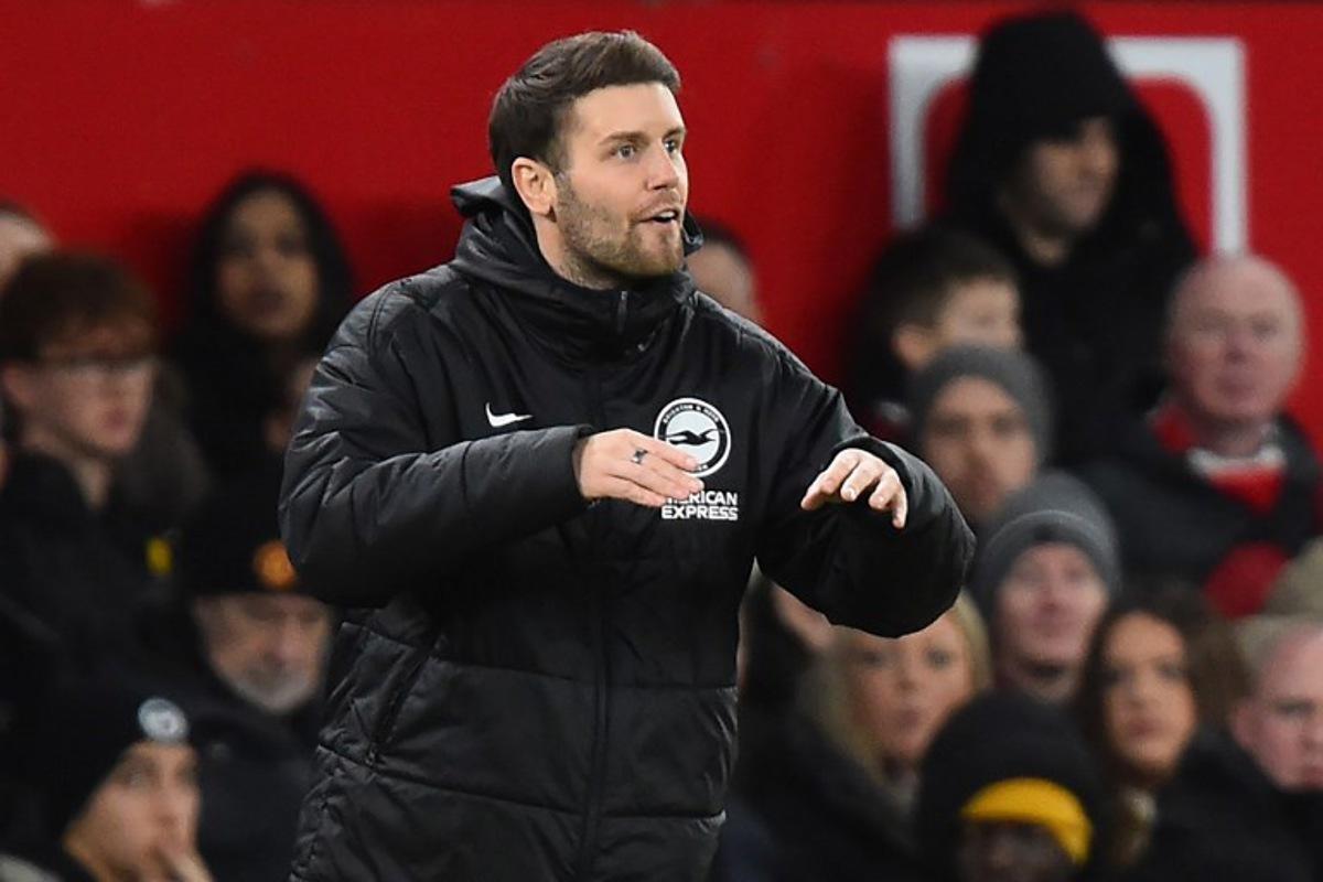 Brighton's German head coach Fabian Hurzeler gestures on the touchline during the English FA Cup third round football match between Manchester United and Brighton and Hove Albion at Old Trafford Stadium in Manchester, north west England, on January 11, 2026. PETER POWELL / AFP
