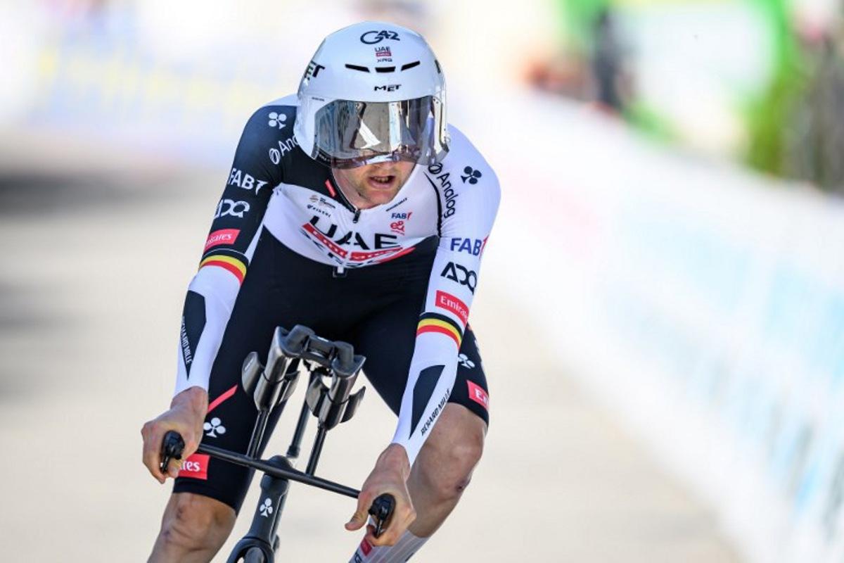 UAE Team Emirates-XRG's Belgian rider Tim Wellens competes during the fourth stage, a 23,7 km time trial from Aarburg to Aarburg, at the Men's Tour of Switzerland (Tour de Suisse) cycling race in Aarburg, Switzerland, on June 20, 2026. Fabrice COFFRINI / AFP
