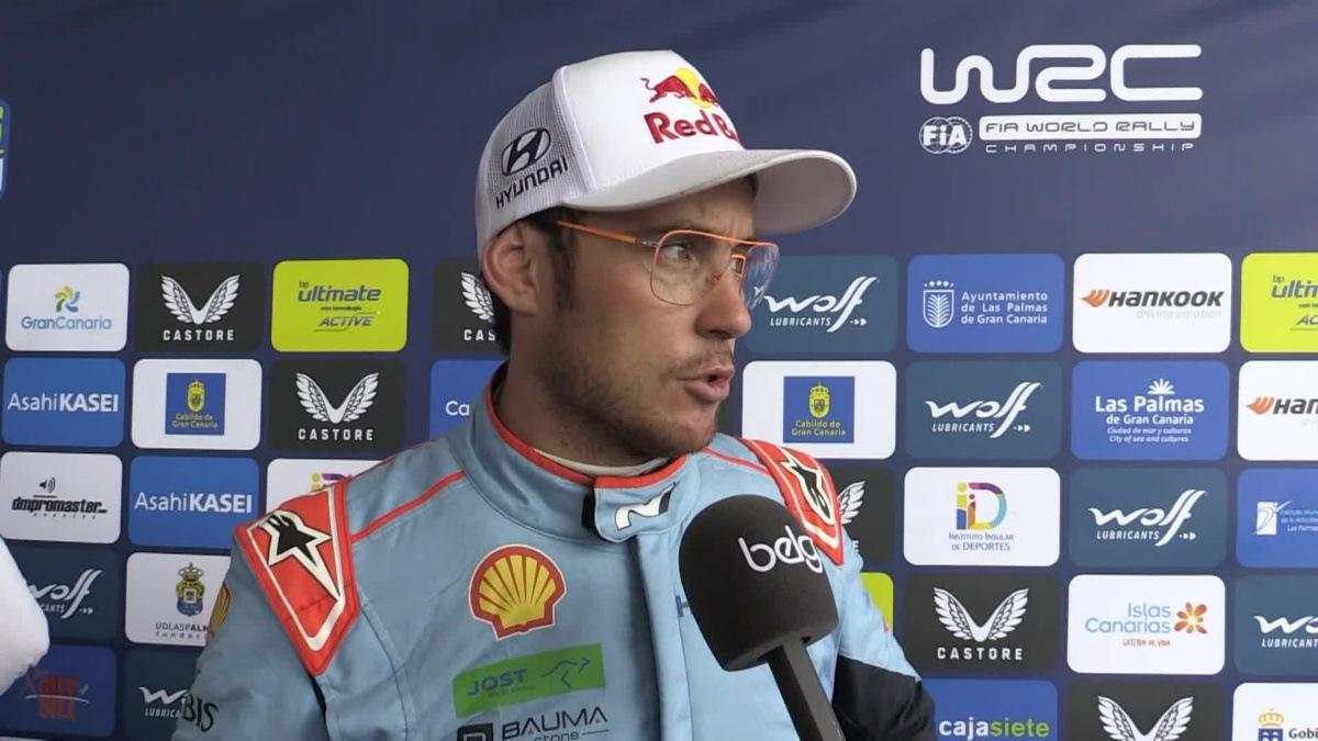 Video showing 00:00:00:00 - 00:01:17:00. Interview in French with Thierry Neuville, Belgian driver after the SS2 special of the World Rally Championship (WRC) Rally Islas Canarias between Valleseco-Artenara in Spain's Gran Canaria Island. Thierry Neuville is only in eighth place, 45.4 seconds behind Rovanperä, on Friday 25 April 2025. BELGA VIDEO ERIC DUPAIN