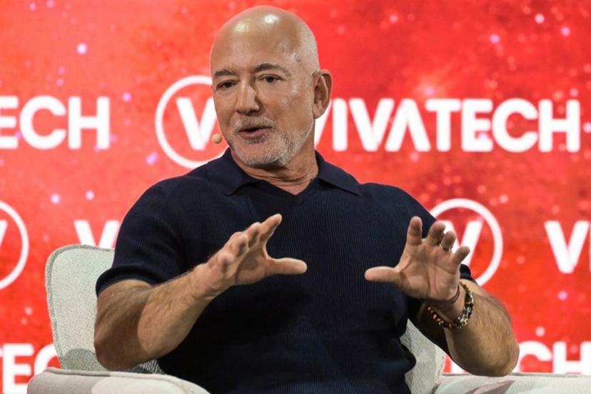 US Amazon's founder Jeff Bezos speaks on stage at the VivaTech technology startups and innovation fair at the Paris Expo Porte de Versailles, in Paris on June 17, 2026. JULIEN DE ROSA / AFP