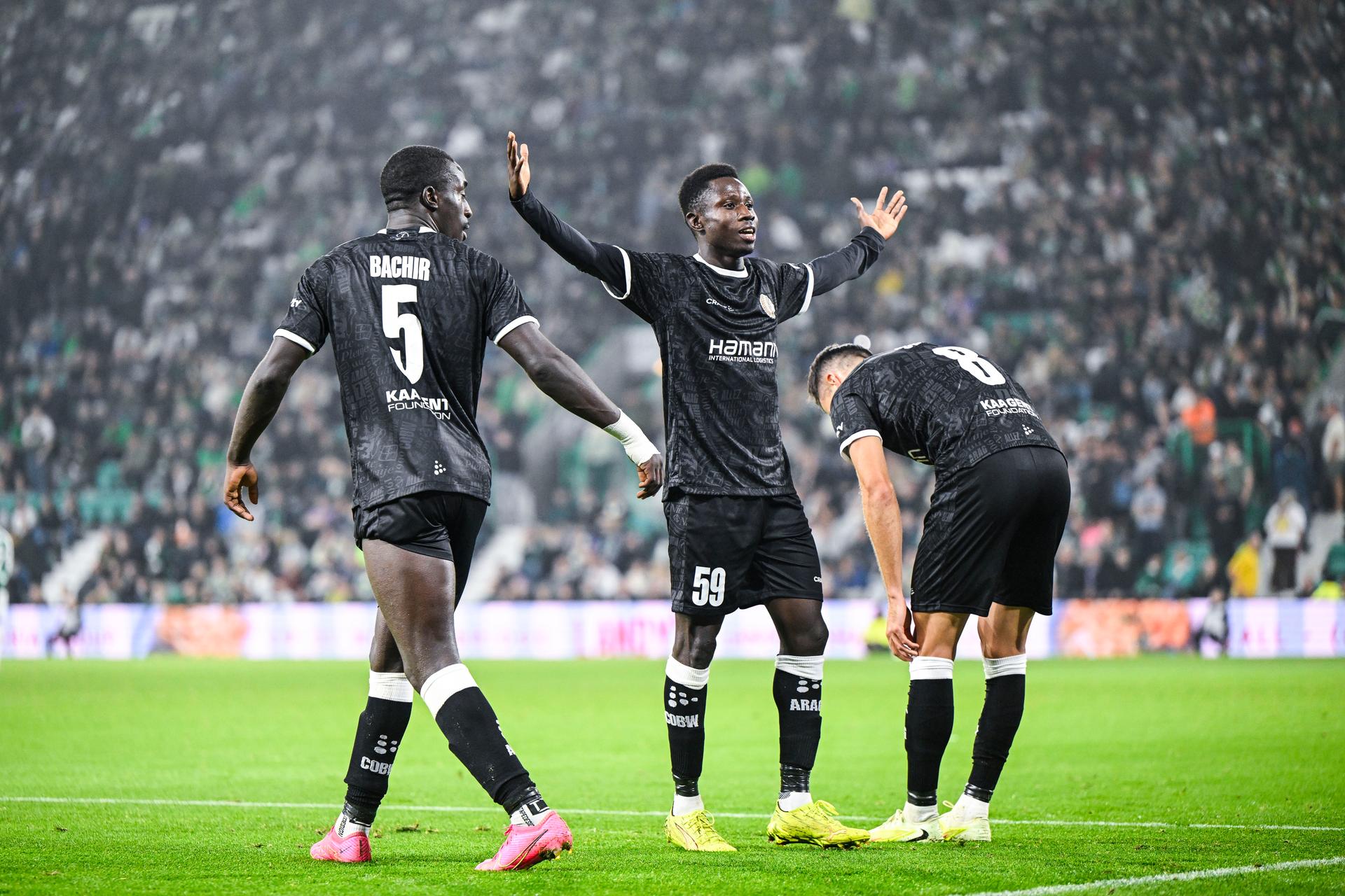 Gent's El Hadji Seck celebrates after a goal during a soccer game between Scottish team Hibernian FC and Belgian soccer team KAA Gent, Thursday 27 August 2026 in Edinburgh, on the return leg of the play-off round for the UEFA Conference League league phase. BELGA PHOTO TOM GOYVAERT