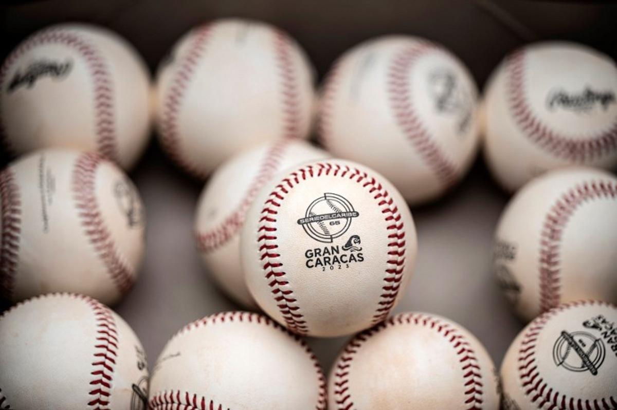 View of baseballs during the Caribbean Series game between Panama's Federales de Chiriqui and Curacao's WildCats, at the Monumental Simon Bolivar stadium in Caracas on February 4, 2023. Yuri CORTEZ / AFP