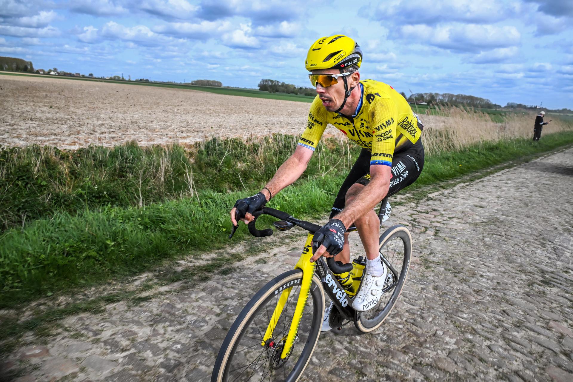 French Christophe Laporte of Team Visma-Lease a Bike pictured in action during the men's Paris-Roubaix cycling race, Sunday 12 April 2026, around Roubaix, France. The 123rd edition of Paris-Roubaix cycling races will take on Sunday, with the women riding 143,1 km the men riding 258,3 km on Sunday. BELGA PHOTO POOL ETIENNE GARNIER