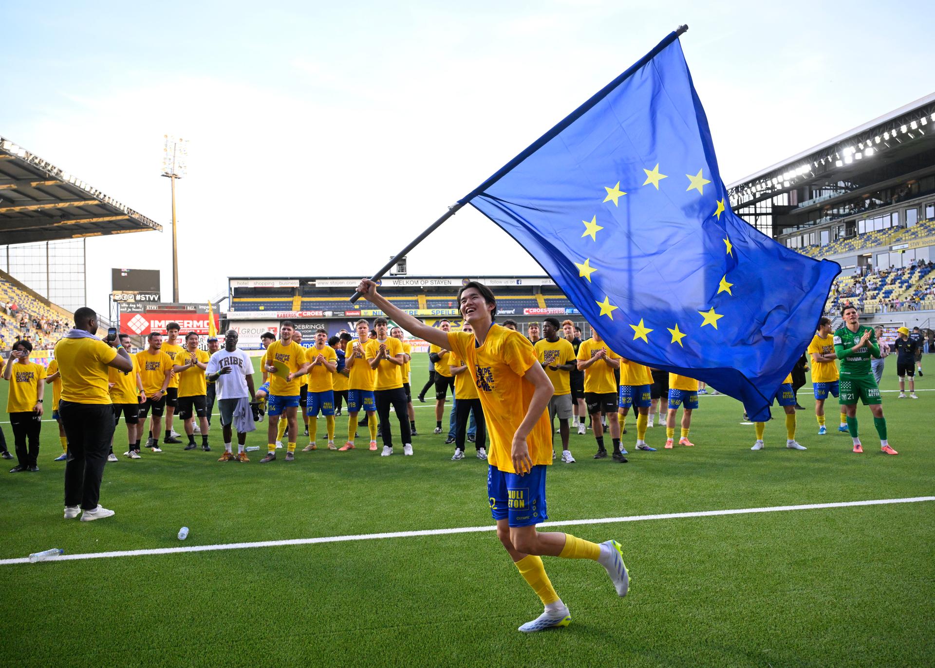 STVV's Keisuke Goto celebrates after a soccer match between Sint-Truiden VV and KV Mechelen, Sunday 24 May 2026 in Sint-Truiden, on the last day of the Champion's Play-offs of the 2025-2026 'Jupiler Pro League' first division of the Belgian championship. BELGA PHOTO JOHN THYS