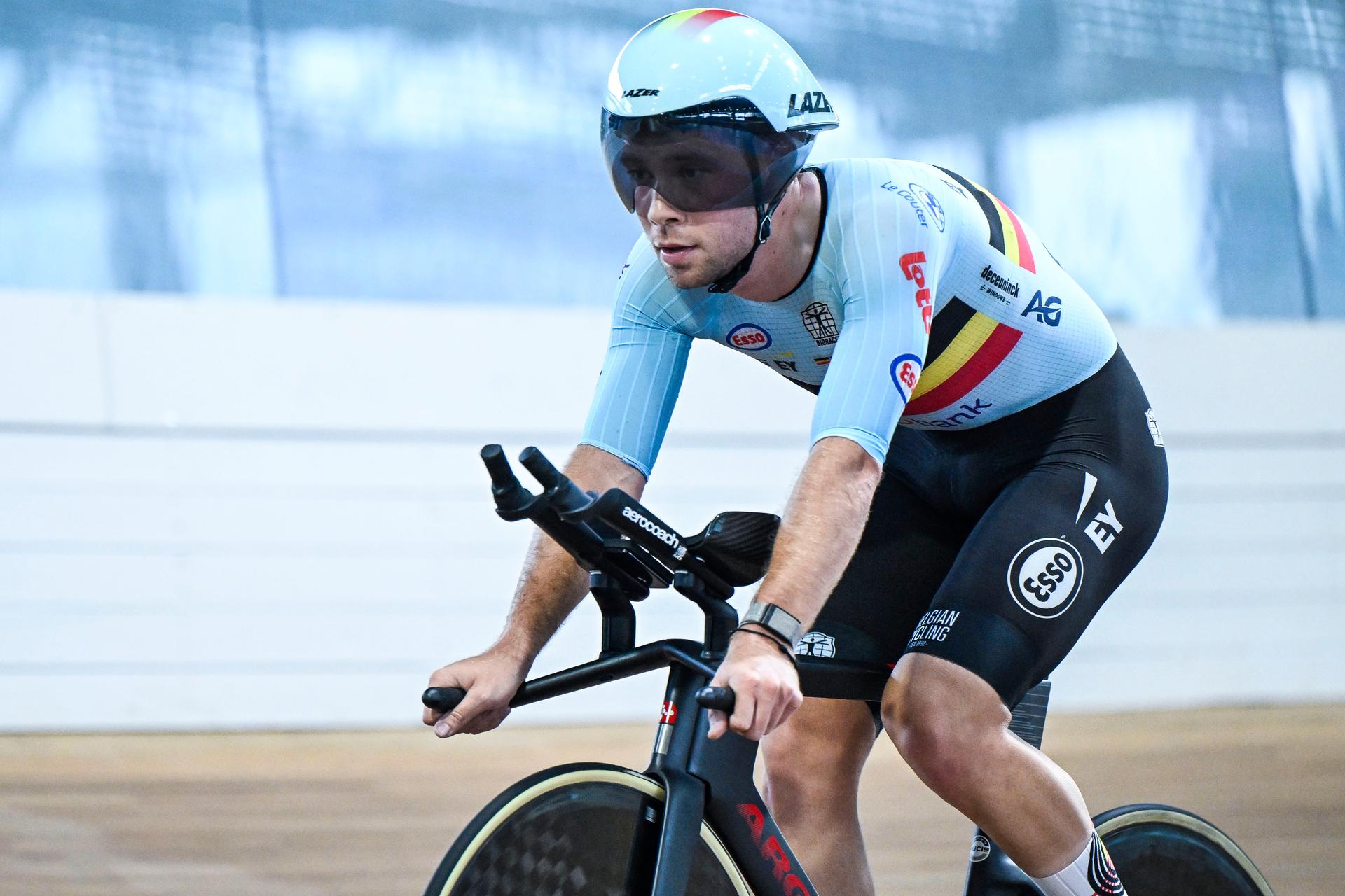 Belgian Fabio Van Den Bossche pictured in action during a training session of the delegation for the upcoming World Track Cycling Championships, Tuesday 14 October 2025 in Gent. The competition will take place in Santiago, Chile, from 22 to 26 October 2025. BELGA PHOTO TOM GOYVAERTS