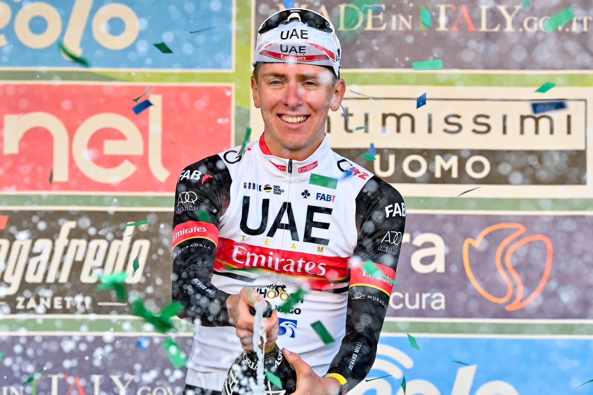 Slovenian Tadej Pogacar of UAE Team Emirates celebrates on the podium after winning the Giro di Lombardia one day cycling race, 239km from Como to Bergamo, Saturday 09 October 2021 in Bergamo, Italy. BELGA PHOTO DIRK WAEM