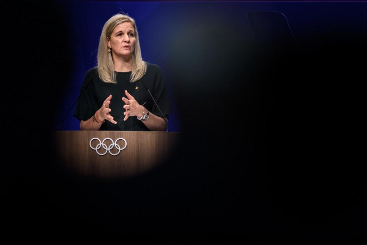 International Olympic Committee President (IOC) Kirsty Coventry delivers her speech at the opening of an IOC session, in Lausanne, on June 24, 2026. Fabrice COFFRINI / AFP