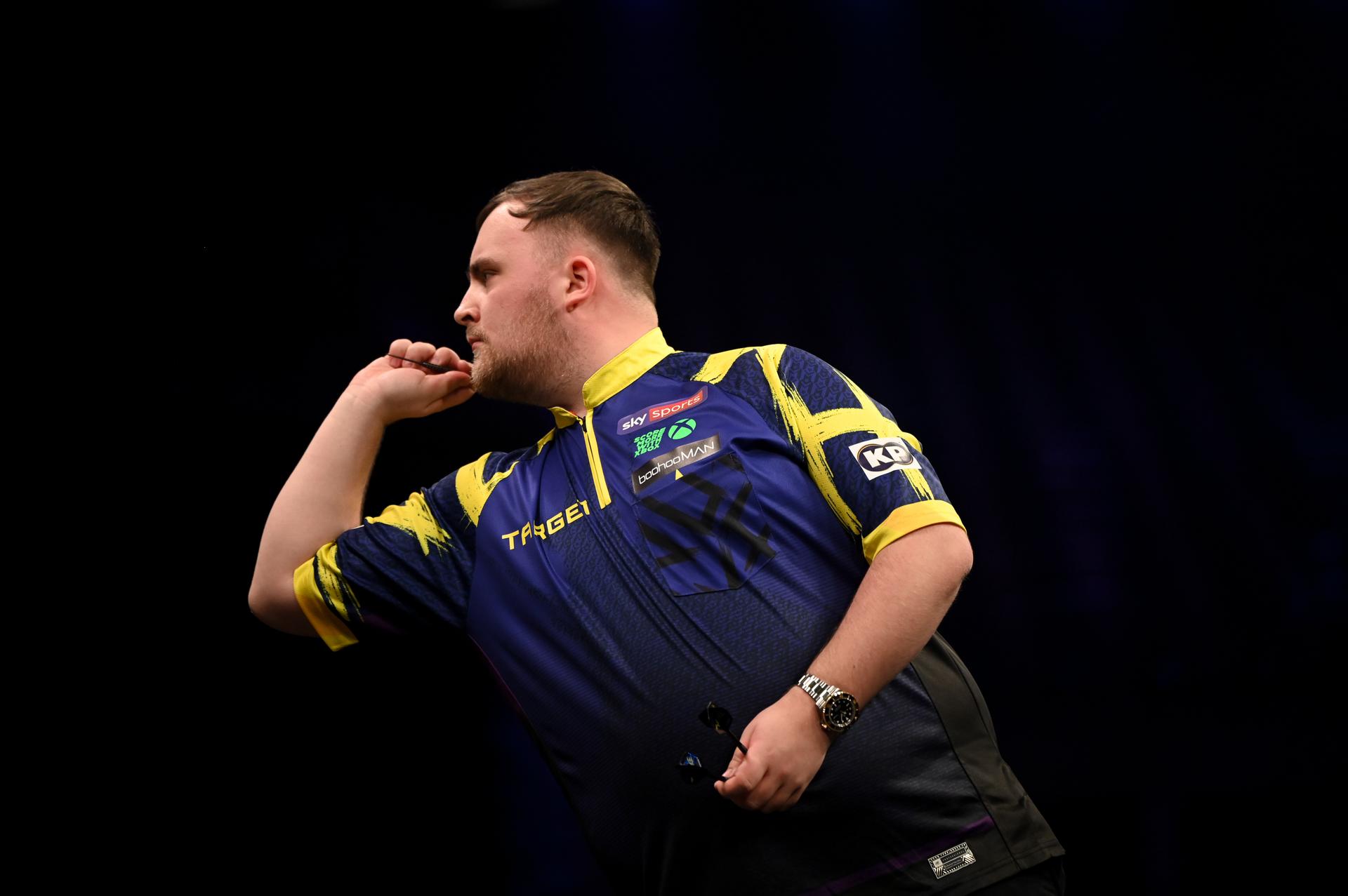 English Luke Littler pictured during the Premier League (Night 2/16) darts event in Antwerp on Thursday 12 February 2026. BELGA PHOTO ELIAS ROM