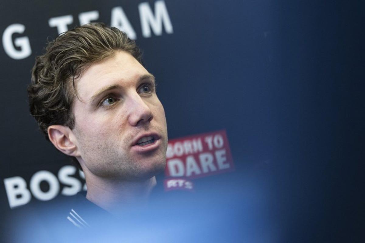 Tudor Pro Cycling Team's Swiss rider Marc Hirschi delivers remarks during a press conference ahead of the 2025 Tour de France cycling race, in Noyelles-Godault, near Lens, northern France on July 3, 2025. Sameer Al-DOUMY / AFP