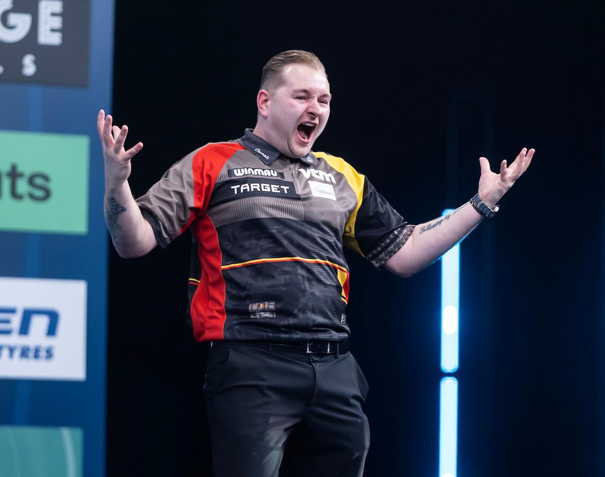 ATTENTION EDITORS - HANDOUT PICTURES - EDITORIAL USE ONLY WITH MANDATORY CREDIT Taylor Lanning/PDC- Handout pictures released on Saturday 01 February 2025, by PDC, shows Dimitri Van den Bergh after hitting a nine-dart and finishing in a stunning 4-3 win over Michael van Gerwen in the second round of the Winmau World Masters on Saturday in Milton Keynes. *** Belga and Belga Editorial Board decline all responsibility regarding the content of this picture. *** PHOTO HAND OUT - TAYLOR LANNING - PDC