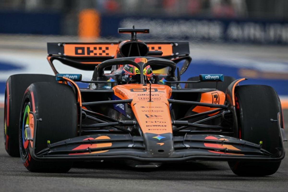 McLaren's Australian driver Oscar Piastri drives during the first practice session ahead of the Formula One Singapore Grand Prix night race at the Marina Bay Street Circuit in Singapore on October 3, 2025. MOHD RASFAN / AFP