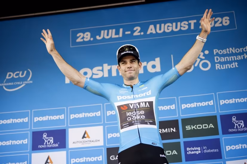 Team Visma - Lease a bike team's Belgian rider Wout van Aert celebrates on the podium winning Stage 1 of the PostNord Danmark Rundt, in Aalborg on July 29, 2026. Bo Amstrup / Ritzau Scanpix / AFP