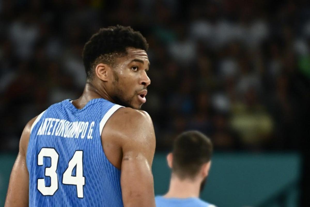Greece's #34 Giannis Antetokounmpo looks on in the men's quarterfinal basketball match between Germany and Greece during the Paris 2024 Olympic Games at the Bercy Arena in Paris on August 6, 2024. Aris MESSINIS / AFP