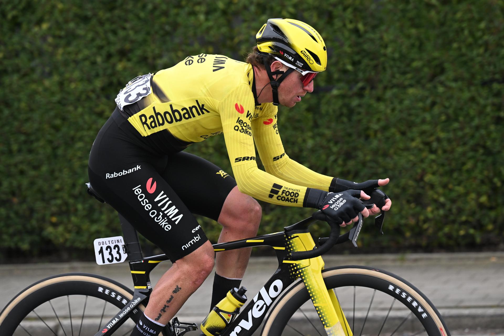 Italy's Filippo Fiorelli of Team Visma-Lease a Bike pictured in action during the 78th edition of the men elite race of the Kuurne-Brussels-Kuurne one day cycling race, 195 km from Kuurne to Kuurne via Brussels, Sunday 01 March 2026. BELGA PHOTO POOL TOMAS SISK