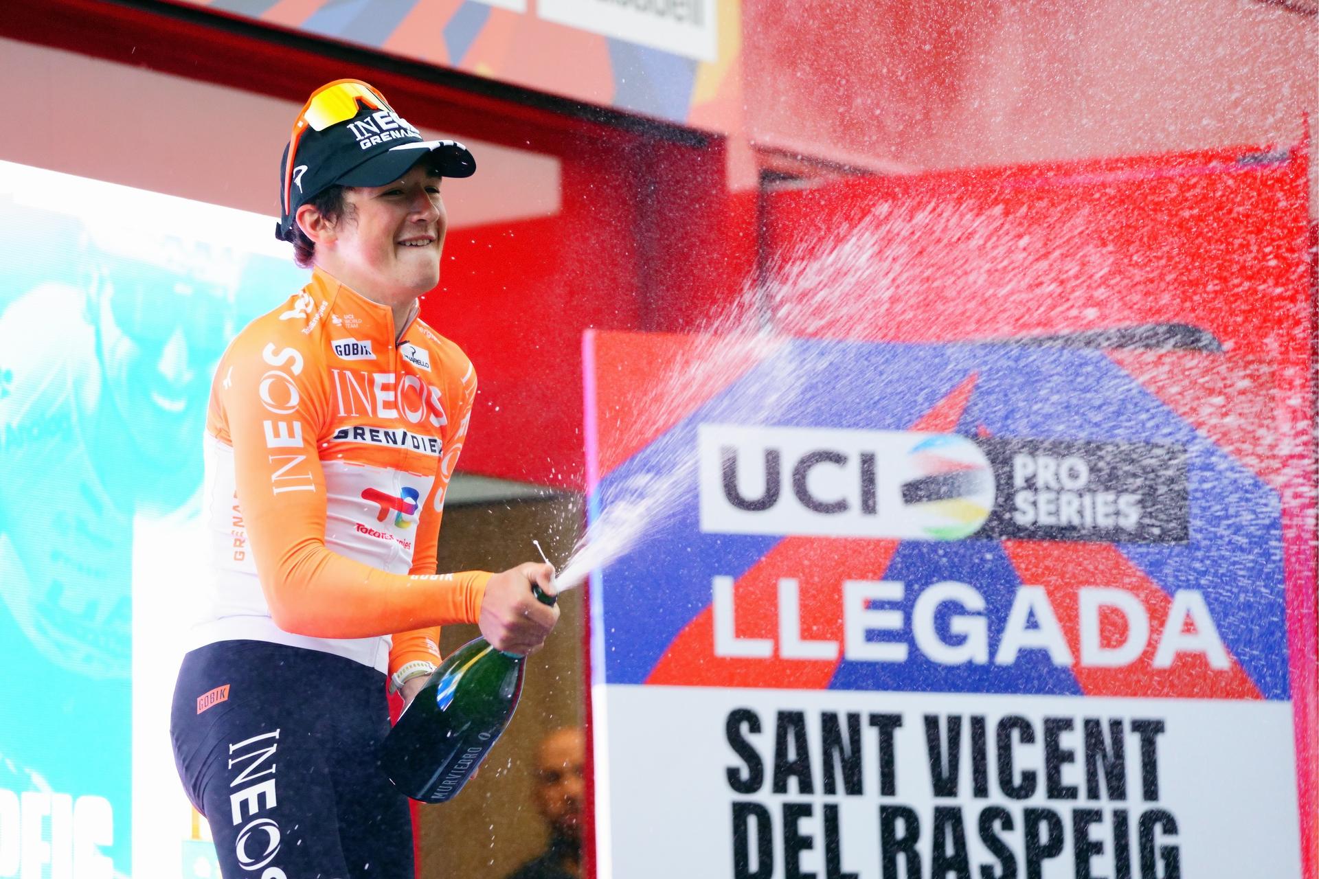 American Andrew August of INEOS Grenadiers celebrates on the podium after winning stage 3 of the 2026 Volta Comunitat Valenciana, Tour of Valencia cycling race, a race from Orihuela to San Vicente del Raspeig (158,2 km), on Friday 06 February 2026 in Spain. The race takes place from 4 to 8 February and runs through the three provinces of the Valencian Community. BELGA PHOTO JOMA GARCIA