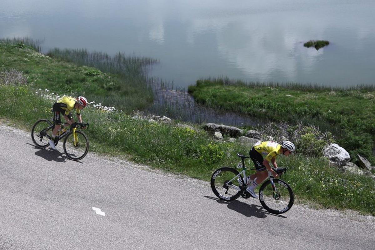 Team Visma - Lease a Bike's Danish rider Jonas Vingegaard (L) and UAE Team Emirates XRG's Slovenian rider Tadej Pogačar wearing the overall leader's yellow jersey cycle near the Col de la Croix de Fer during the 7th stage of the 77th edition of the Criterium du Dauphine cycling race, 131,6 km between Grand-Aigueblanche and Valmeinier, on June 14, 2025. Anne-Christine POUJOULAT / AFP