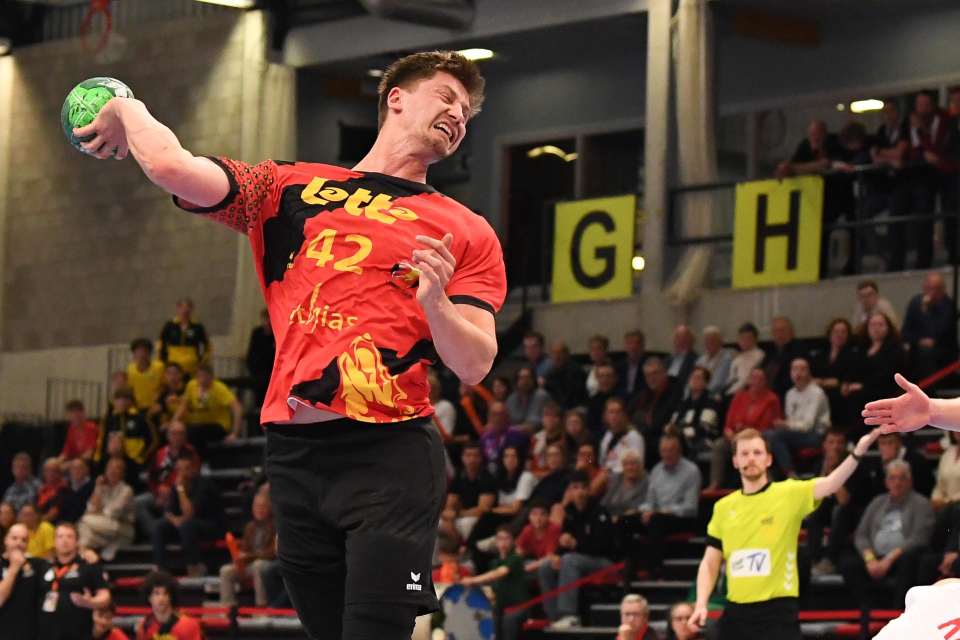 Belgium's Joris Gille pictured in action during a handball game between Belgian national team 'Red Wolves' and Croatia, Wednesday 07 May 2025 in Hasselt, game 5/6 in the qualifications for the men's EHF Euro 2026 European Championship. BELGA PHOTO JILL DELSAUX