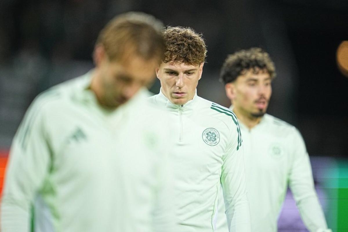 Celtic's Belgian midfielder #27 Arne Engels warms up prior to the UEFA Europa League football match between FC Midtjylland and Celtic FC in Herning, Denmark on November 6, 2025. Bo Amstrup / Ritzau Scanpix / AFP