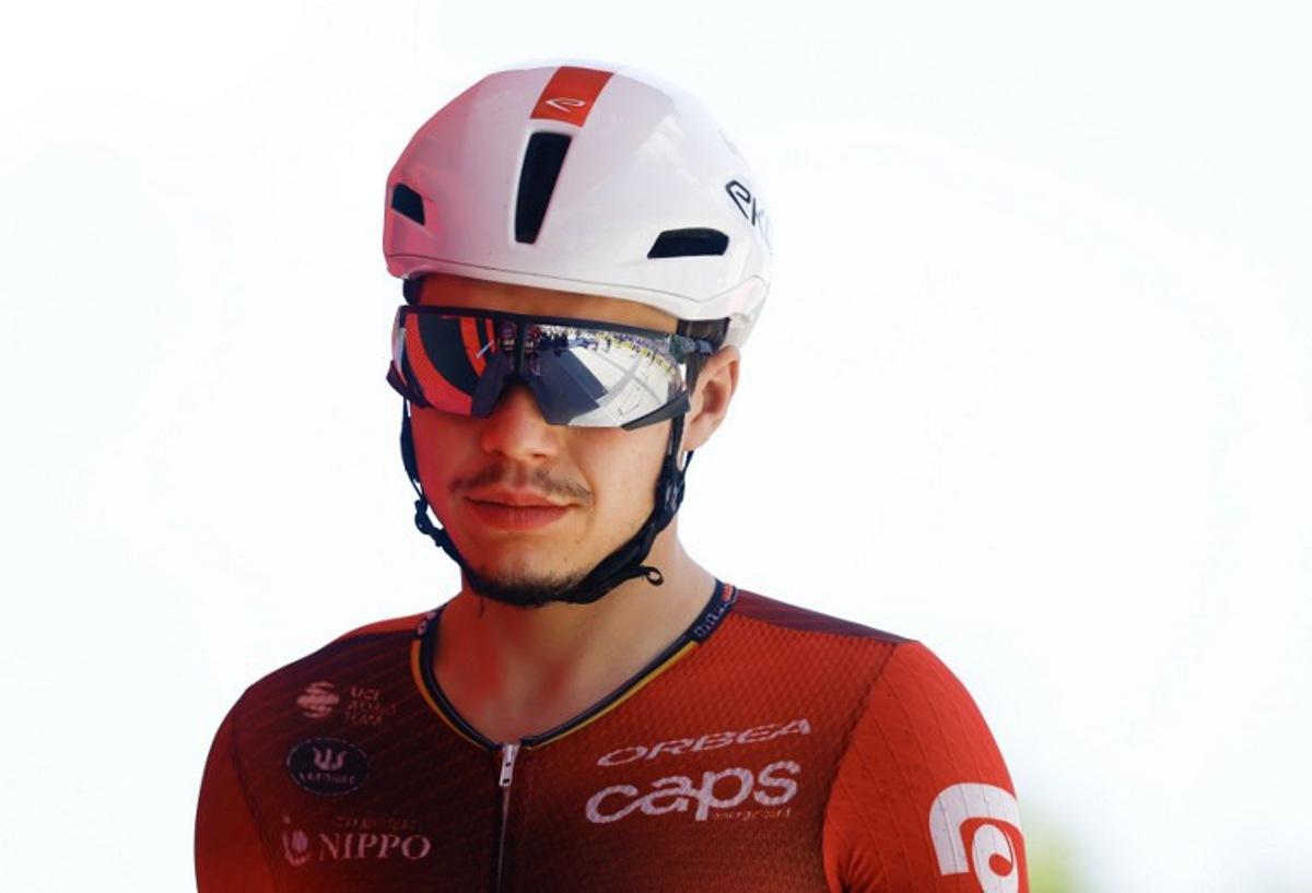 Lotto Intermarche Belgian rider Arnaud De Lie looks arrives for the presentation of the teams prior the 3nd stage of the Giro d'Italia 2026 - Tour of Italy cycling race between Plovdiv and Sofia, Bulgaria, on May 10, 2026. Luca Bettini / AFP