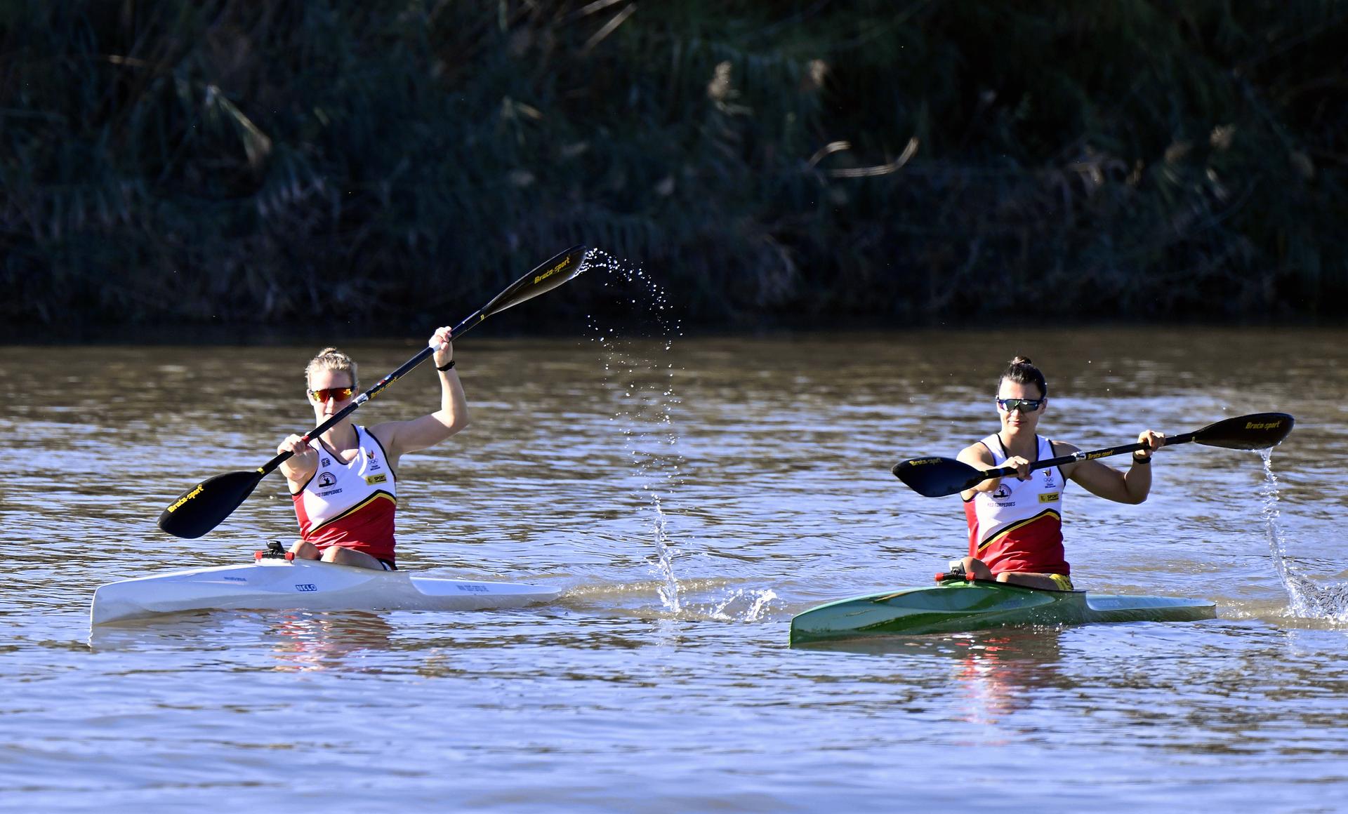 kayaker Hermien Peters and Kayaker Lize Broekx pictured in action during a training camp organized by the BOIC-COIB Belgian Olympic Committee in Belek, Turkey, Friday 17 November 2023. The camp takes place from 11 to 25 November. BELGA PHOTO ERIC LALMAND