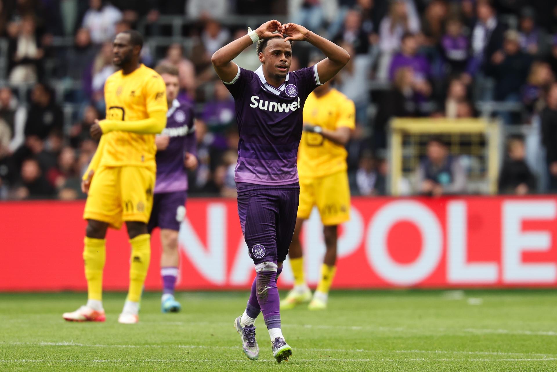 Anderlecht's Ilay Camara celebrates after scoring during a soccer match between RSCA Anderlecht and KV Mechelen, Sunday 17 May 2026 in Brussels, on day 8 of the Champion's Play-off of the 2025-2026 'Jupiler Pro League' first division of the Belgian championship. BELGA PHOTO VIRGINIE LEFOUR