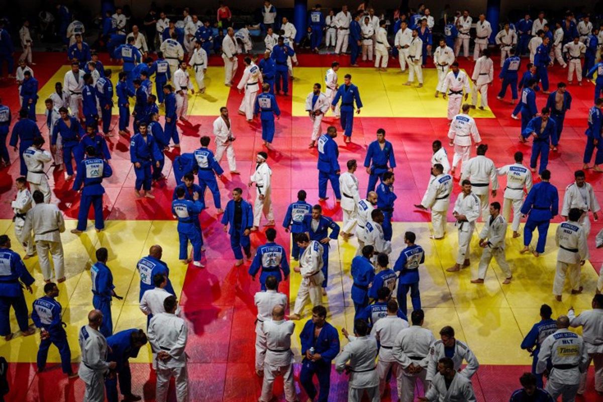 Judokas attend an international training session which follows the Paris Grand Slam at the Paris Dojo arena in Paris on February 6, 2024. Dimitar DILKOFF / AFP