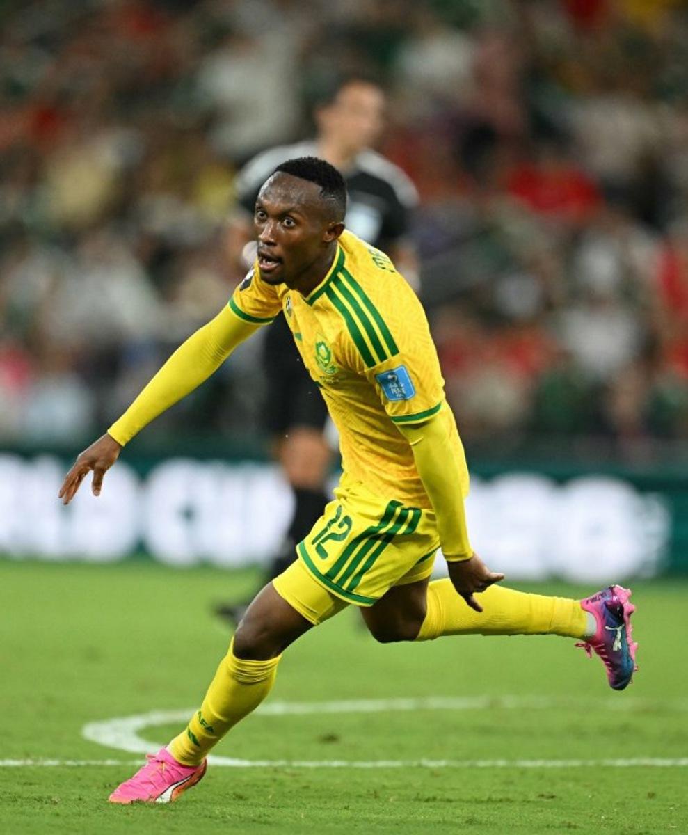 South Africa's forward #12 Thapelo Maseko celebrates scoring his team's first goal during the 2026 World Cup Group A football match between South Africa and South Korea at the Monterrey Stadium in Guadalupe, Mexico, on June 24, 2026. Yuri CORTEZ / AFP