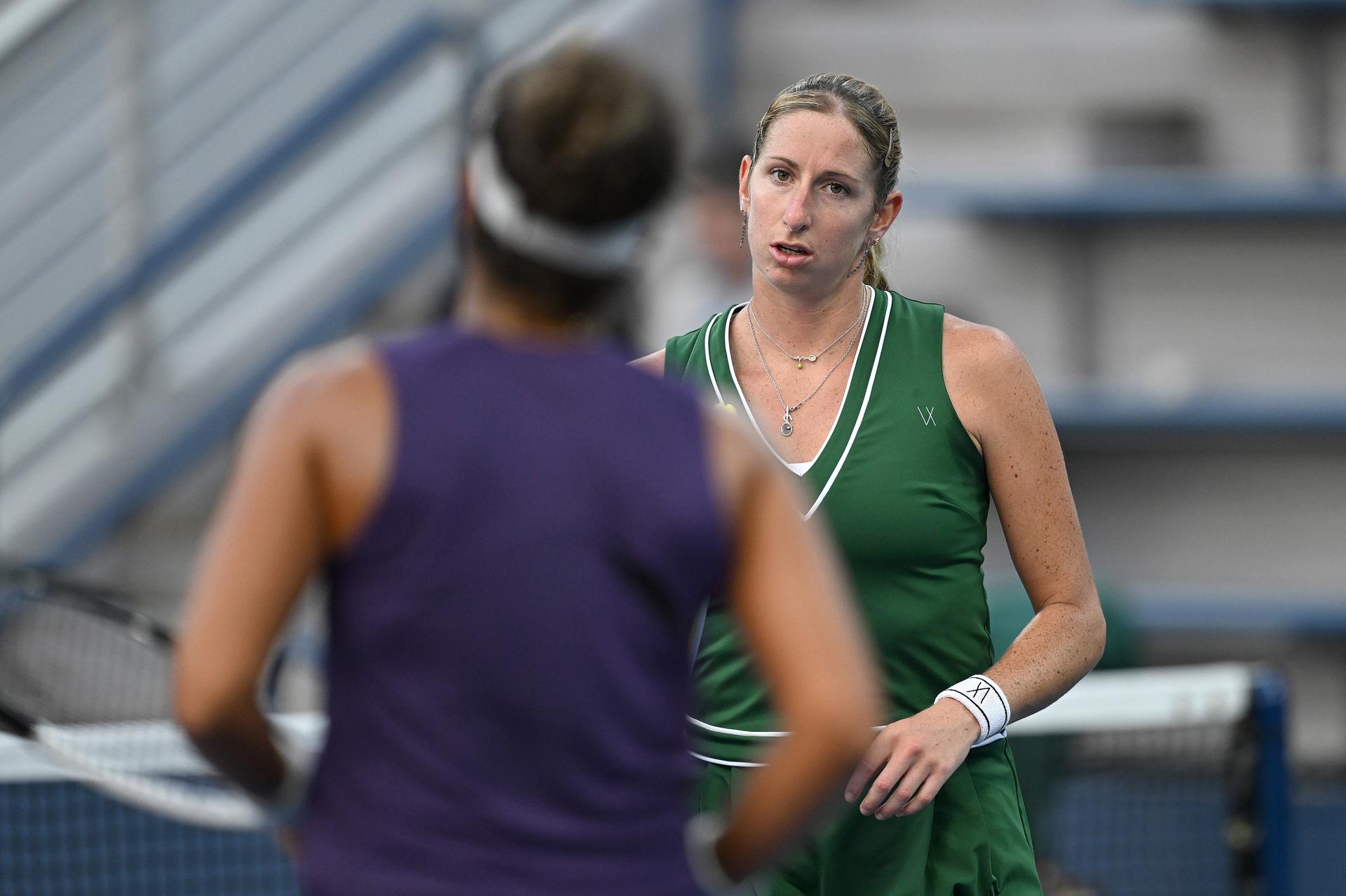 Belgian Magali Kempen (green) and Egypt Maya Sherif (purple) pictured during a tennis match against US pair Jovic-Ngounoue, in the first round of the women's doubles of the 2025 US Open Grand Slam tennis tournament in New York City, USA, Thursday 28 August 2025. BELGA PHOTO TONY BEHAR