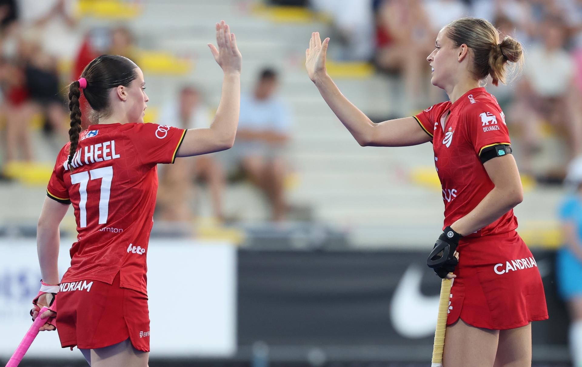 Belgium's Famke Van Heel and Belgium's Louise Dewaet pictured during a hockey game between Belgian national team Red Panthers and Australia, Tuesday 23 June 2026 in Wavre, match 13/16 in the group stage of the women's FIH Pro League competition. BELGA PHOTO VIRGINIE LEFOUR
