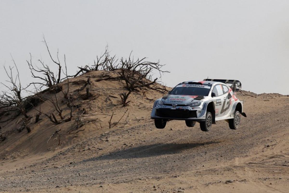 French driver Sebastien Ogier and his French co-driver Vincent Landais compete in their Toyota GR Yaris during stage 5 of the FIA World Rally Championship (WRC) in Jeddah on November 27, 2025. Fayez Nureldine / AFP