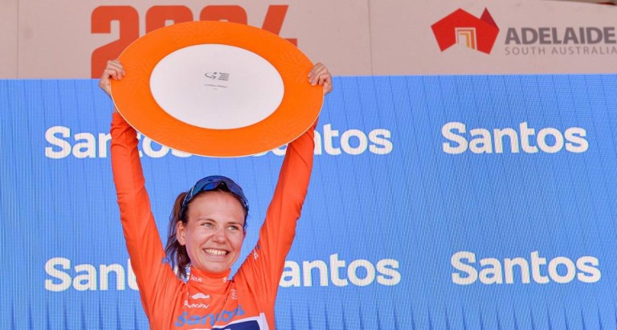 AG Insurance - Soudal rider Sarah Gigante from Australia celebrates being the overall winner of the Tour Down Under cycling race in Adelaide on January 14, 2024. Brenton EDWARDS / AFP