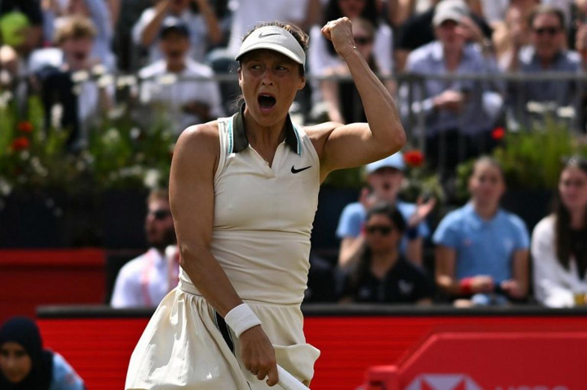 German player Tatjana Maria celebrates winning the set against US player Amanda Anisimova during their women's singles final tennis match on the last day of the HSBC WTA tennis Championships at Queen's Club in west London on June 15, 2025. Ben STANSALL / AFP